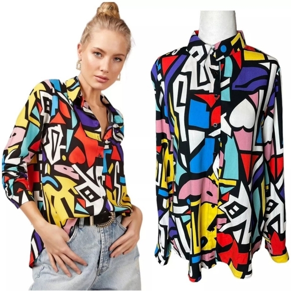 Big Dart Tops - Women's Button Blouse Xlarge Artsy Pop Funky Geometric Festival Concert